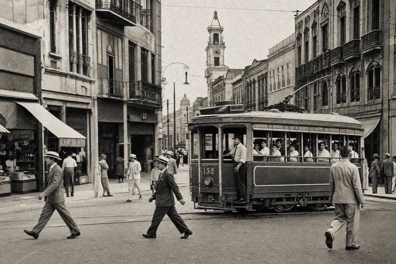 Rua da cidade nos anos 1950 com bonde e pedestres de chapéu, em preto e branco com tom sépia