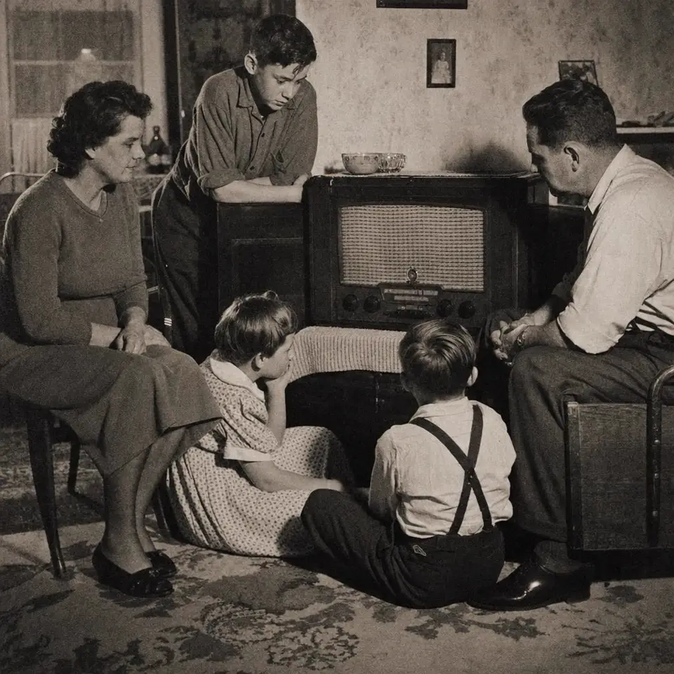 Família reunida em volta de um rádio de válvulas nos anos 1950, preto e branco sépia