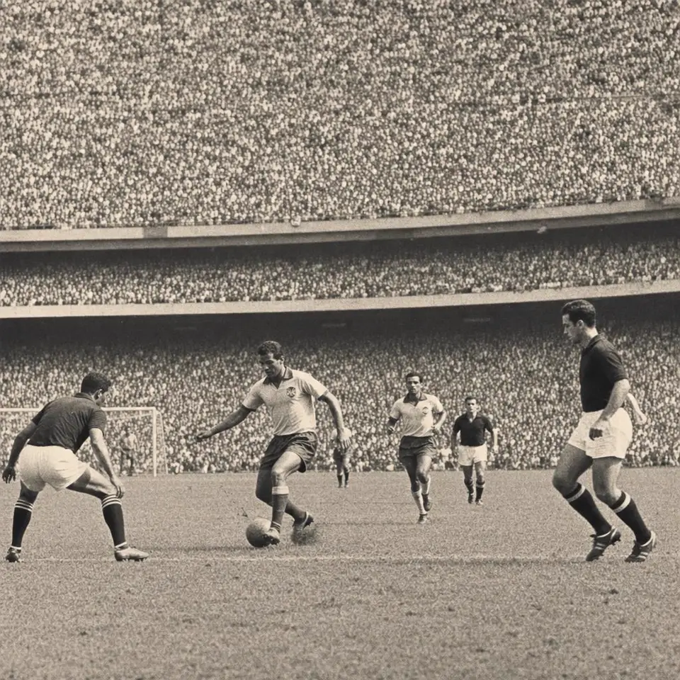 Estádio de futebol lotado nos anos 1950, em preto e branco sépia